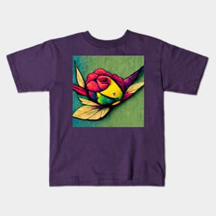 Pop Art, rose, hummingbird, beauty, green, blue, purple, nature, love, leaf, yellow, red Kids T-Shirt